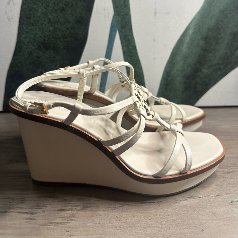 Authentic Tory Burch Knotted Miller Wedge Heeled Sandal 8 Ivory/White